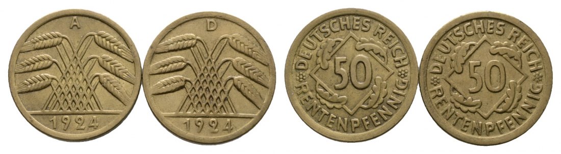  Weimarer Republik; 2x 50 Pfennig 1924; verschiedene Buchstaben   