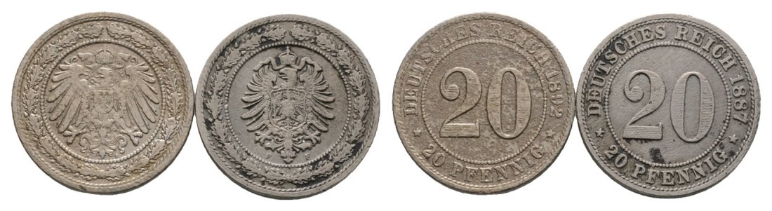  Kaiserreich; 2x 20 Pfennig 1892/1887; verschiedene Buchstaben   