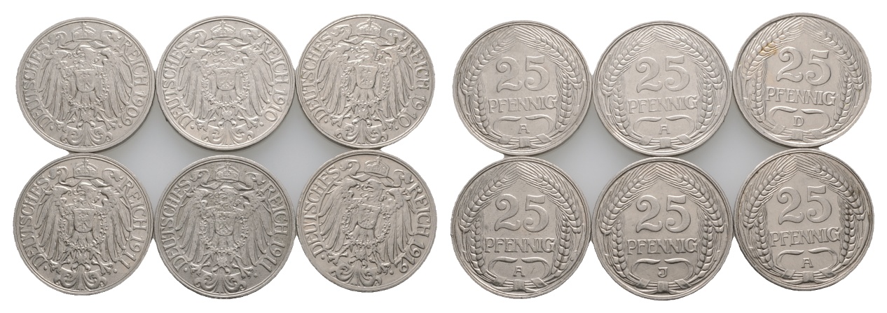  Kaiserreich; 6x 20 Pfennig 1909/1910/1911/1912; verschiedene Buchstaben   