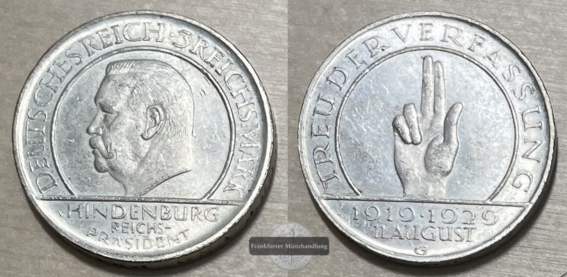  BRD, Weimarer Republik 3 Reichsmark 1929 G Weimarer Reichsverfassung FM-Frankfurt Feinsilber: 7,5g   