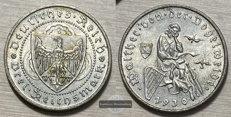  Deutschland 3 Reichsmark 1930  Walther v.d. Vogelweide FM-Frankfurt Feinsilber: 7,5g   