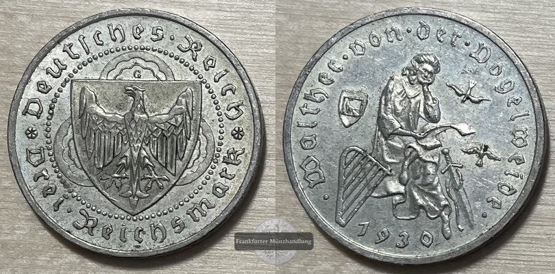  Deutschland 3 Reichsmark 1930 G Walther v.d. Vogelweide FM-Frankfurt Feinsilber: 7,5g   