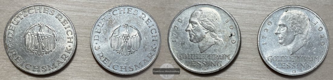  Deutschland.  Weimarer Republik 2 x 3 Reichsmark 1929 G Lessing   FM-Frankfurt  Feinsilber: 15g   