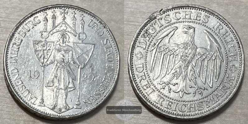  Deutschland, Weimarer Republik  3 Reichsmark 1929 E  FM-Frankfurt Feinsilber: 7,5g   