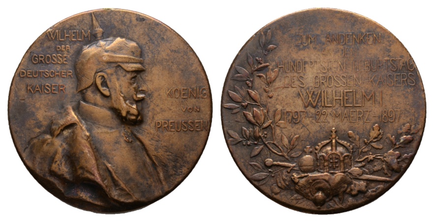  Medaille; 100 Geburtstag Kaiser Wilhelm I; Bronze; 33,07 g; Ø 39,85   