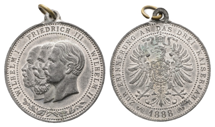  Medaille; Drei Kaiserjahr 1888; Zinn; tragbar;  14,80 g; Ø 34,41   