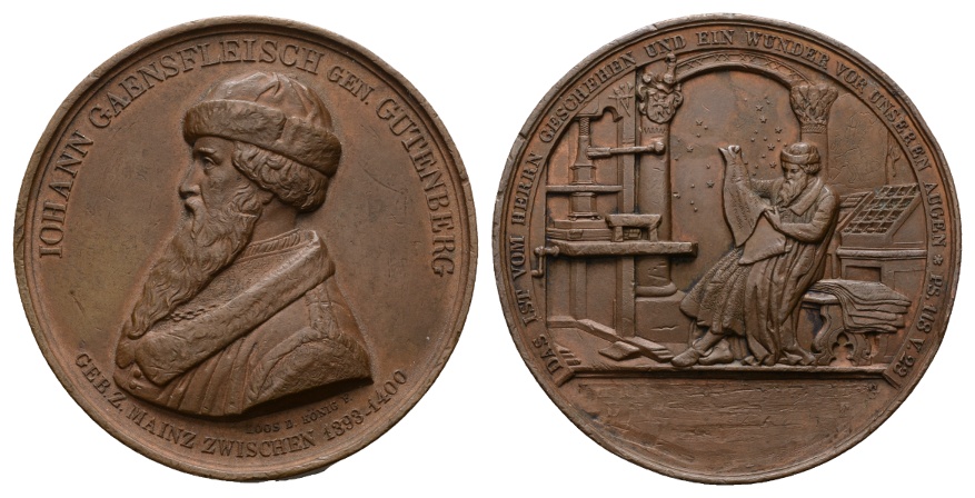  Medaille; Gutenberg; Bronze; 71,99 g; Ø 51,23   