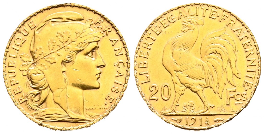 PEUS 2055 Frankreich 5,81 g Feingold. Marianne / Galischer Hahn 20 Francs GOLD 1914 Sehr schön