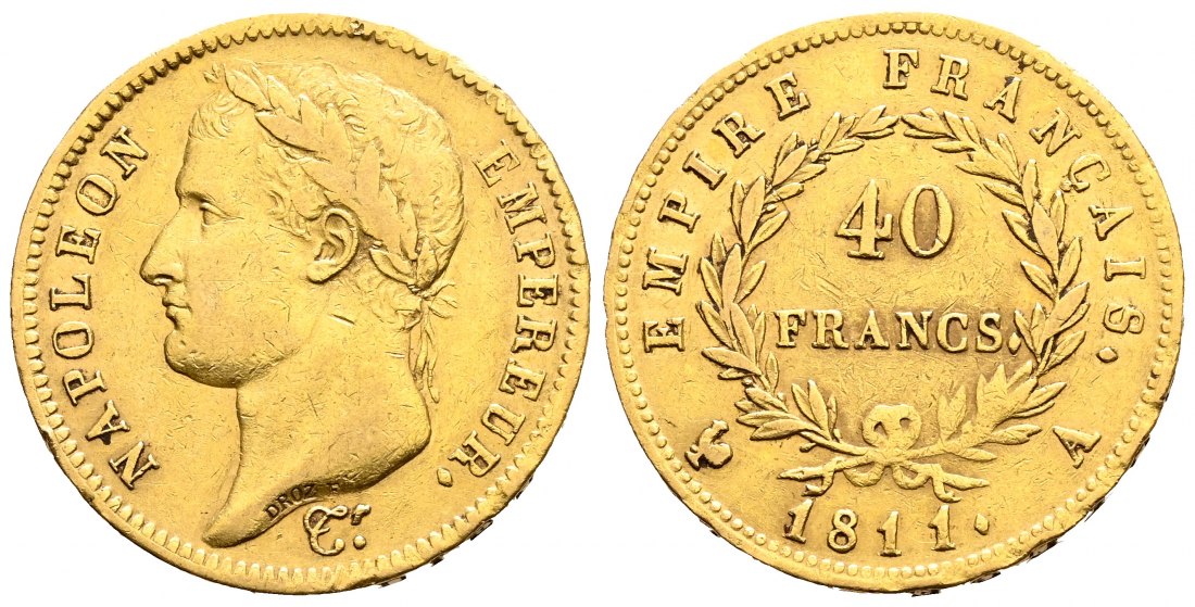 PEUS 2060 Frankreich 11,61 g Feingold. Napoleon I. (1804 - 1814, 1815) 40 Francs GOLD 1811 A Randfehler, fast Sehr schön