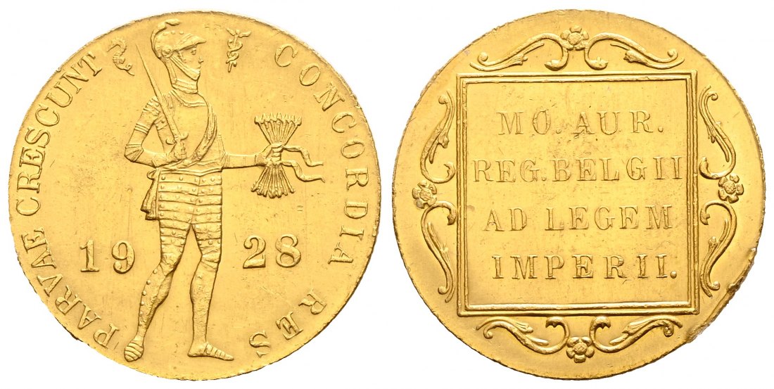 PEUS 2063 Niederlande 3,43 g Feingold. Ritter mit Schwert + Pfeilbündel 1 Dukat GOLD 1928 Utrecht Zaponiert, Sehr schön