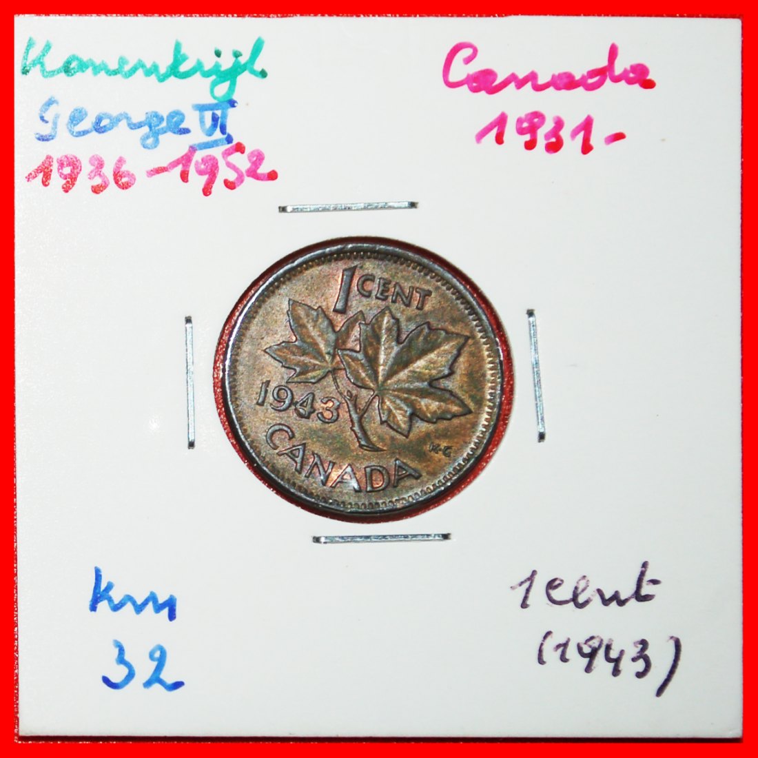  Ⰶ WAR ISSUE (1939-1945): CANADA ★1 CENT 1943 UNCOMMON! GEORGE VI (1937-1952) LOW START ★ NO RESERVE!   