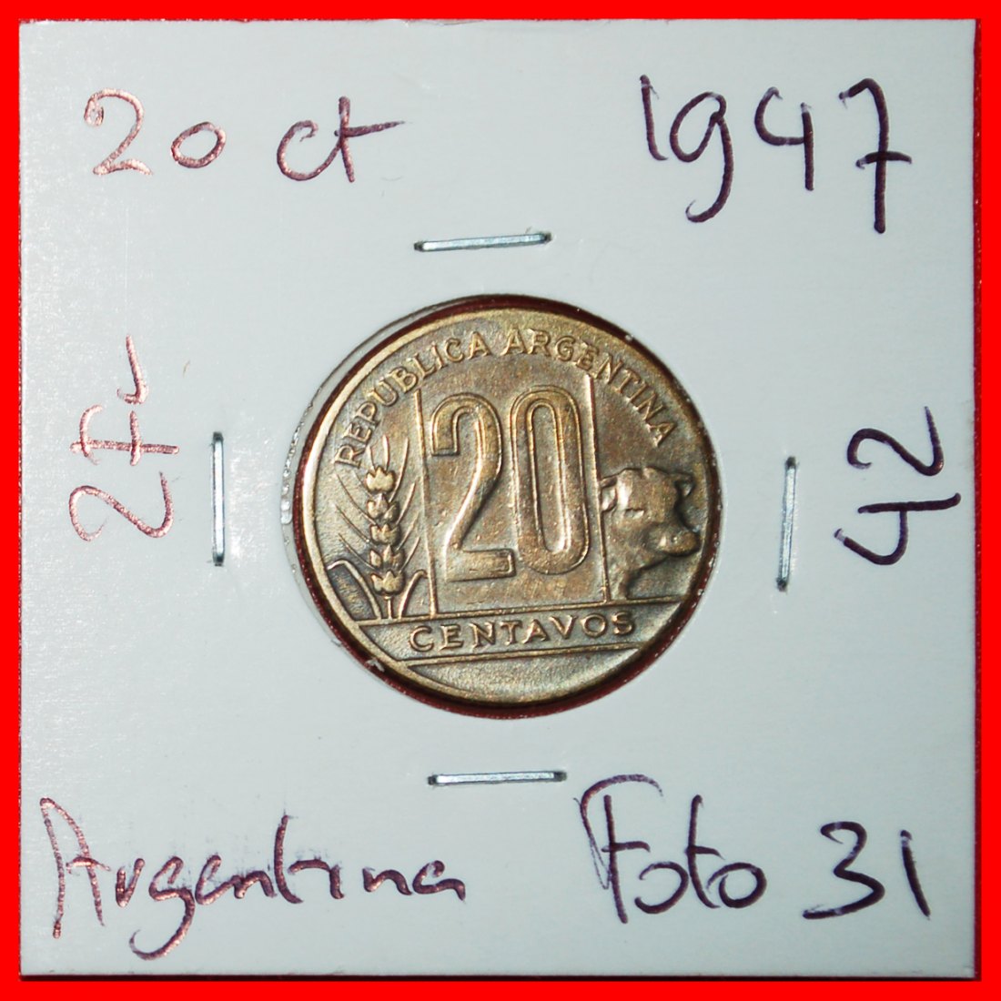  Ⰶ COW (1942-1950): ARGENTINA ★ 20 CENTAVOS 1947! IN HOLDER!  ★LOW START ★ NO RESERVE!   