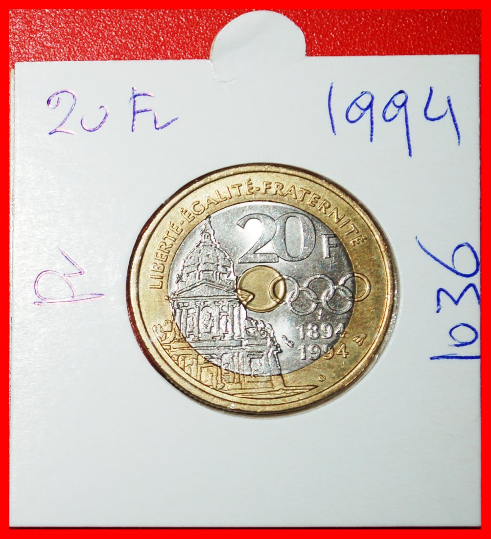  Ⰶ COUBERTIN 1863-1937 OLYMPIA: FRANKREICH ★ 20 FRANCS 1894 1994! KEHRPRÄGUNG ↑↓ uSTG★OHNE VORBEHALT!   