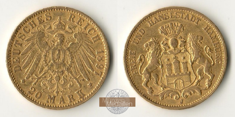 Deutsches Kaiserreich. Hamburg 20 Mark MM-Frankfurt Feingold: 7,17g  1897 J 