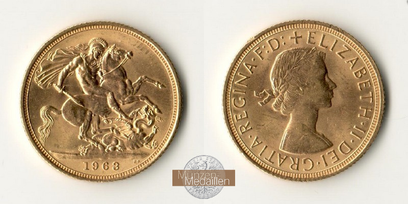 Grossbritannien, Elisabeth II. 1952-2022 MM-Frankfurt Feingold: 7,32g Sovereign 1963 