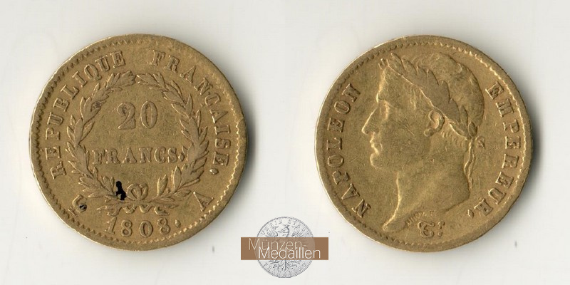 Frankreich MM-Frankfurt Feingewicht: 5,81g 20 Francs 1808 A 