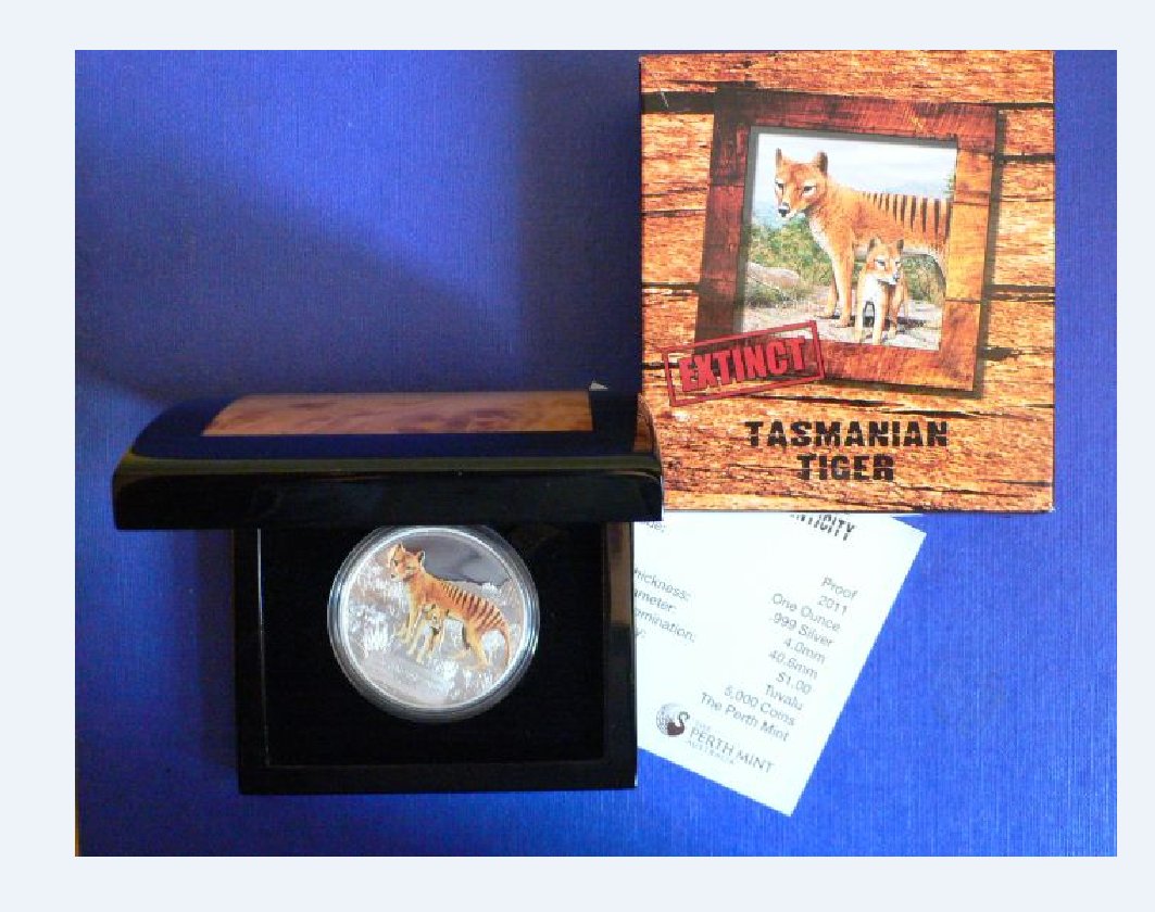  - kirofa - TUVALU - 2011 - TASMANIAN TIGER - Extinct - 1 oz Silver 99.9% -PP. FULL PACKAGING   