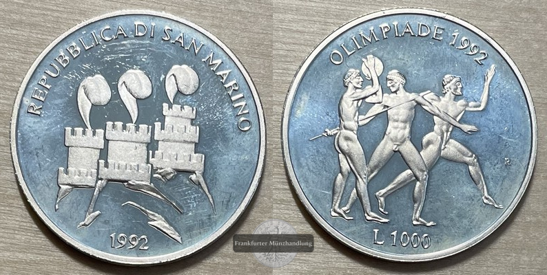  San Marino  1000 Lire  1992  Olympische Sommerspiele  FM-Frankfurt  Feingewicht: 12,19g  Silber  pp   