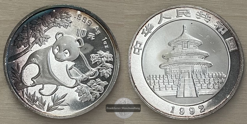  China.   10 Yuan 1992 Panda   FM-Frankfurt  Feinsilber: 31,1g   