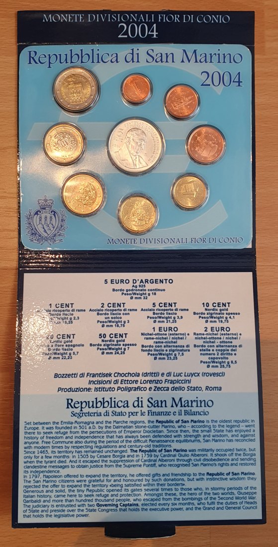  San Marino 2004, originaler KMS, inkl. 5 € Silbermünze, 1 Cent - 5 €, 8,88 Euro in OVP, 9 Münzen!!   