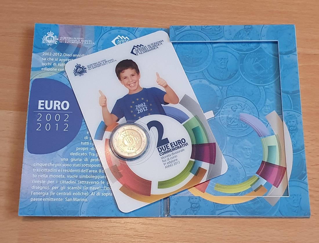  San Marino 2012,2 Euro Gedenkmünze anlässlich 10 Jahre Euroeinführung im Originalfolder und Blister!   