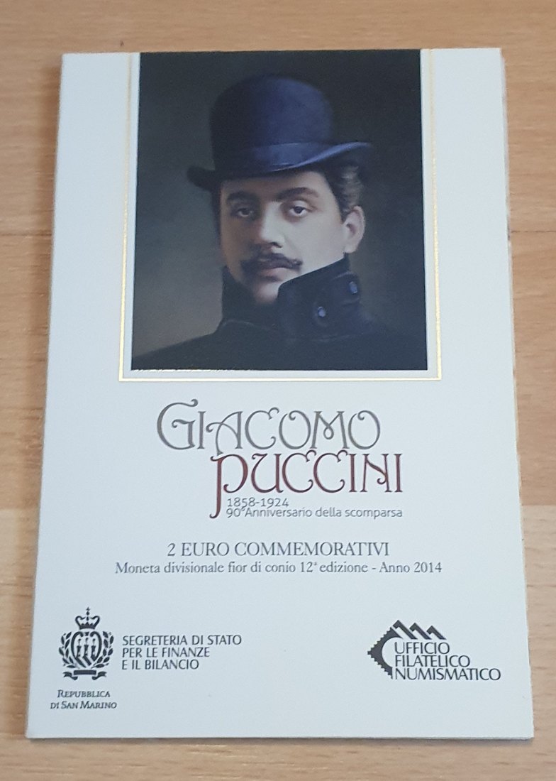  San Marino 2014,2 Euro Gedenkmünze Giacomo Puccini in Originalfolder und Blister!   