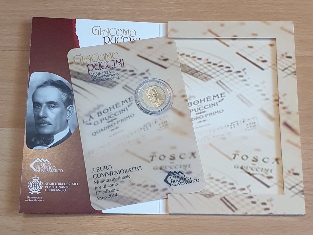  San Marino 2014,2 Euro Gedenkmünze Giacomo Puccini in Originalfolder und Blister!   