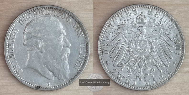  Deutsches Kaiserreich. Baden, Friedrich I. 2 Mark 1907 G  FM-Frankfurt Feinsilber: 10g   