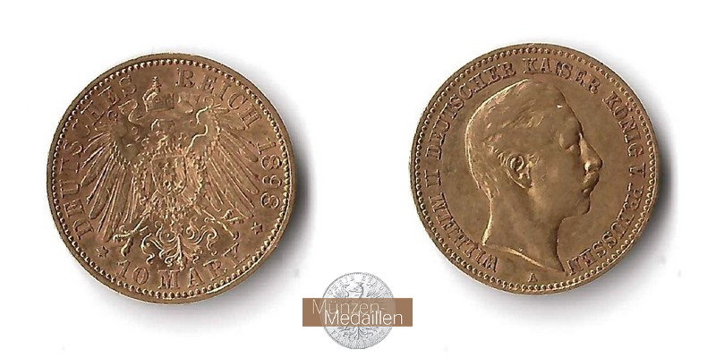 Deutsches Kaiserreich, Preussen. MM-Frankfurt Feingewicht: 3,58g Gold Wilhelm II. 1888-1918. 10 Mark 1898 A 