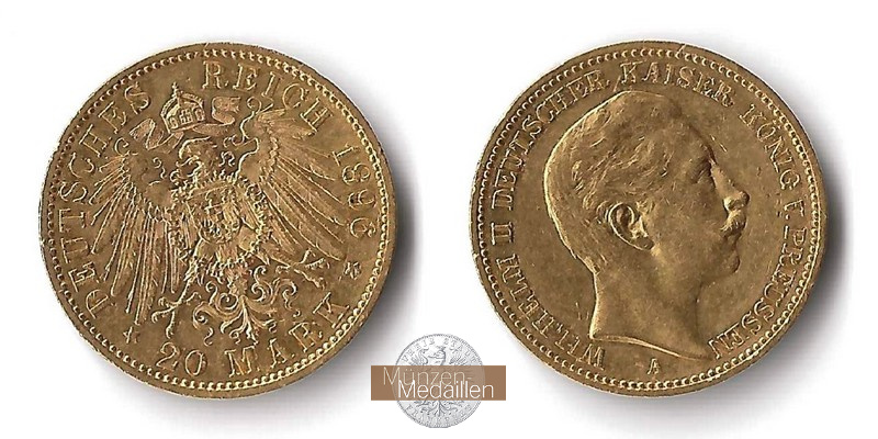 Dt. Kaiserreich. Preussen Wilhelm II. MM-Frankfurt Feingold: 7,17g 20 Mark 1896 A 