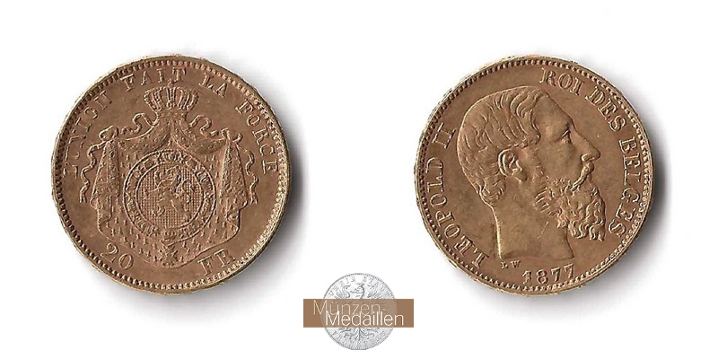 Belgien 20 Francs Leopold II MM-Frankfurt Feingold: 5,81g  1877 