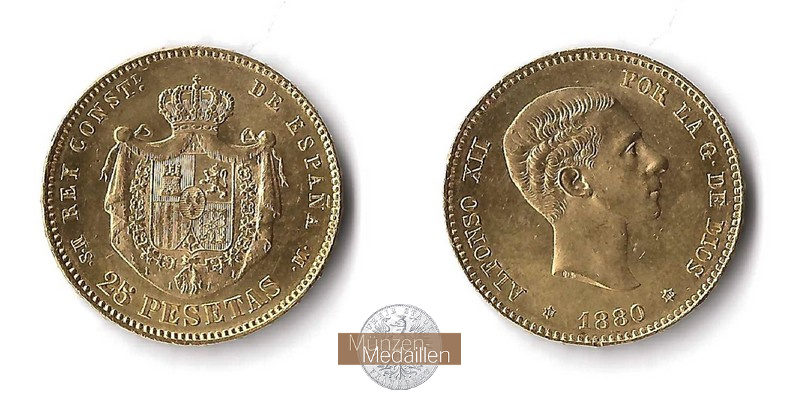 Spanien MM-Frankfurt Feingold: 7,26g 25 Pesetas 1880 