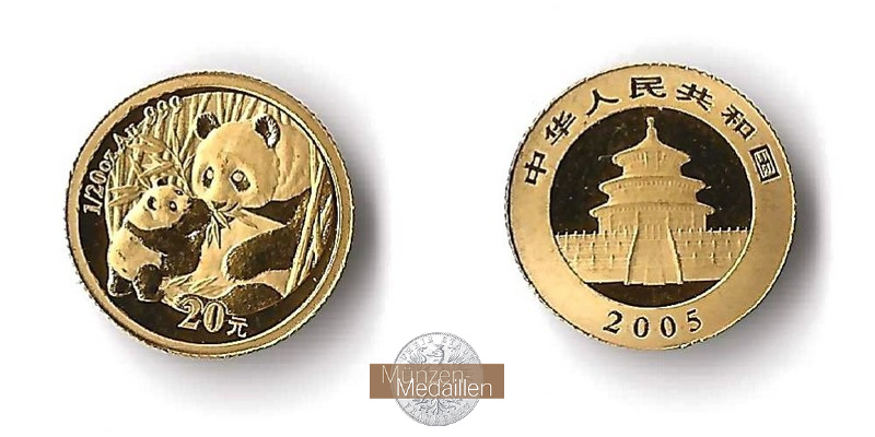 China, Volksrepublik. MM-Frankfurt Feingewicht 1,55g Gold 20 Yuan (Panda) 2005 