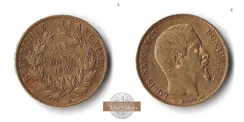 Frankreich MM-Frankfurt  Feingold: 5,81g 20 Francs 1852 A 