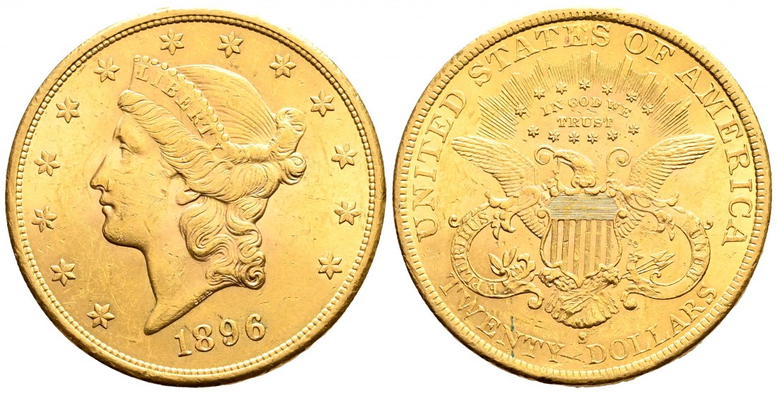 PEUS 2072 USA 30,1 g Feingold. Coronet Head 20 Dollars GOLD 1896 S Kl. Kratzer, fast Vorzüglich