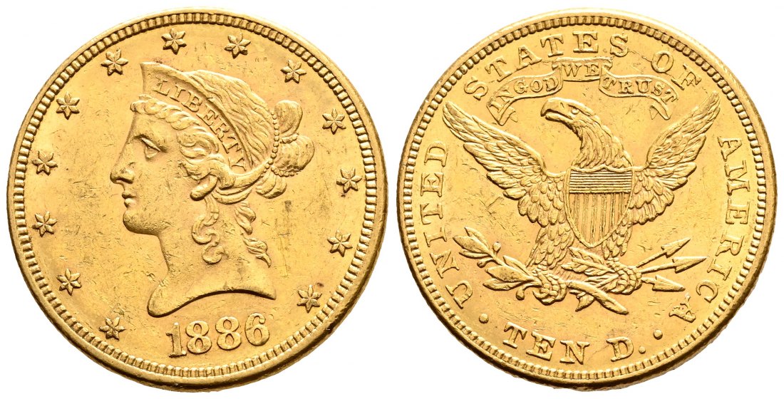 PEUS 2073 USA 15,05 g Feingold. Coronet Head 10 Dollars GOLD 1886 Sehr schön