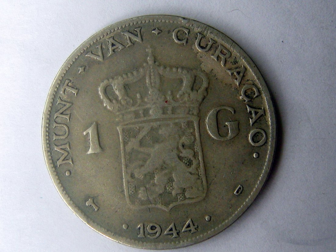  1 Gulden Wilhelmina; Curaçao (Niederländische Antillen) 1944; 720er Silber, 10 Gramm   