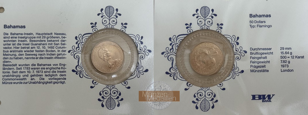 Bahamas MM-Frankfurt  Feingewicht: 7,82g Gold 50 Dollar 1973 