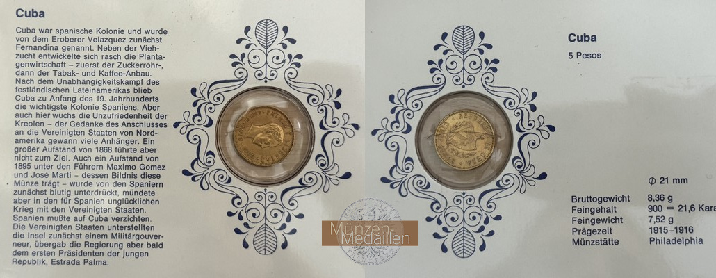 Kuba MM-Frankfurt Feingewicht: 7,52 Gold 5 Pesos 1916 