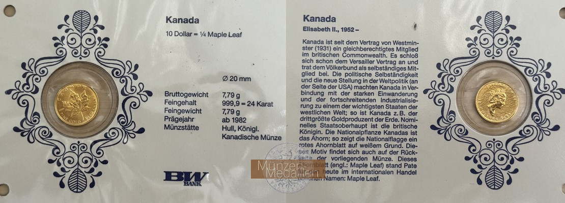 Kanada MM-Frankfurt Feingewicht: 7,78g 10 Dollar Maple Leaf 1991 