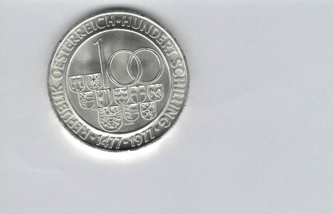  100 Schilling 1977 500 Jahre Münzstätte Hall/Tirol 15,36g fei Ag Österreich Spittalgold9800 01914/16   