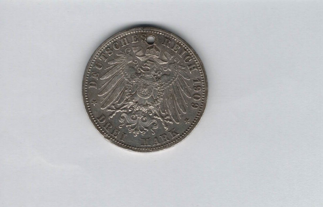  3 Mark 1909 mit Loch á 15g fein silber Kaiserreich Deutschland Spittalgold9800 (3469   