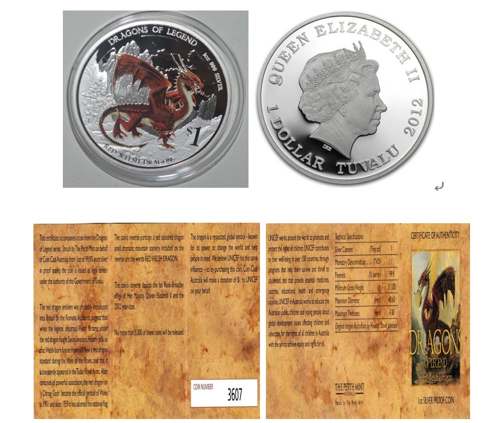  - kirofa - Australia-2012 - RED WELSH DRAGON - FARBE - 1 Unze Silber 99.90%. PP.FULL PACKAGING.   