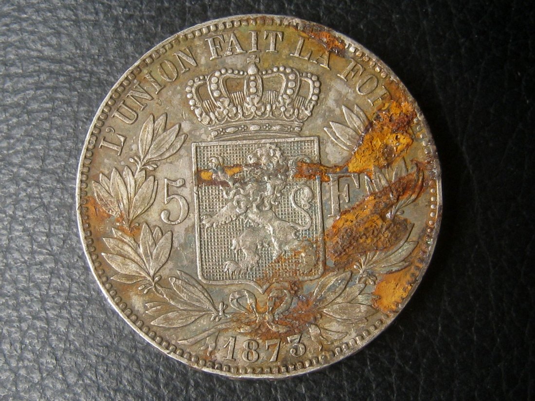  Belgien 5 Francs - Léopold II. 1873; 900er Silber, 25 Gramm;schlechter Erhaltungszustand   