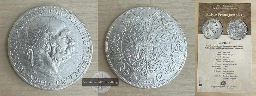  Österreich 5 Kronen  1900   Franz Josef I.  1848-1916   FM-Frankfurt  Feinsilber: 21,6g   