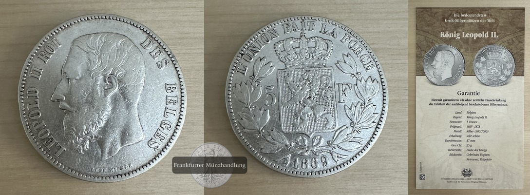  Belgien, Leopold II.  5 Francs   1869  FM-Frankfurt Feinsilber: 22,5g   