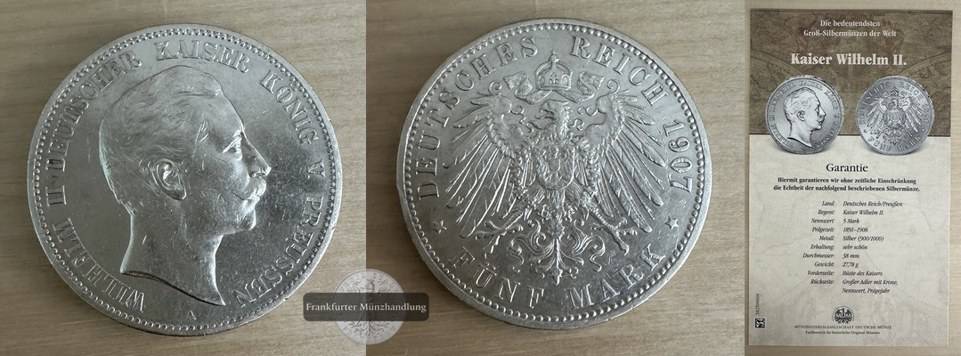  Deutsches Kaiserreich, Preussen, Wilhelm II.  5 Mark 1907 A   FM-Frankfurt  Feinsilber: 25g   