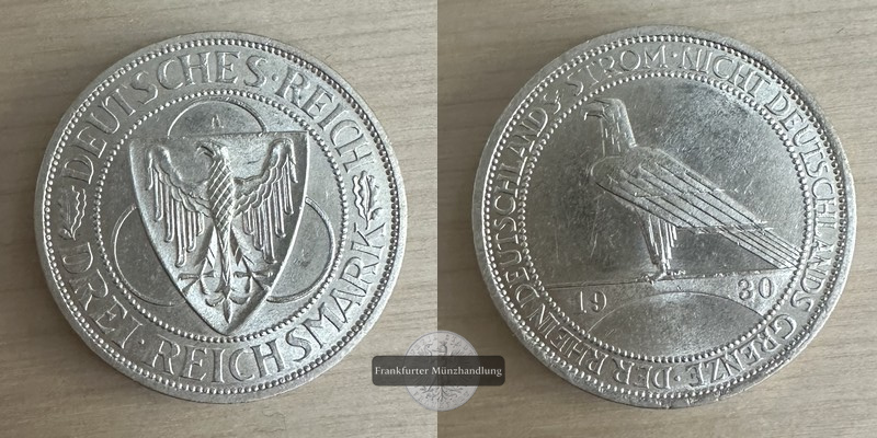  Deutschland, Weimarer Republik 3 Reichsmark 1930 A Rheinland-Räumung FM-Frankfurt Feinsilber:7,5g   