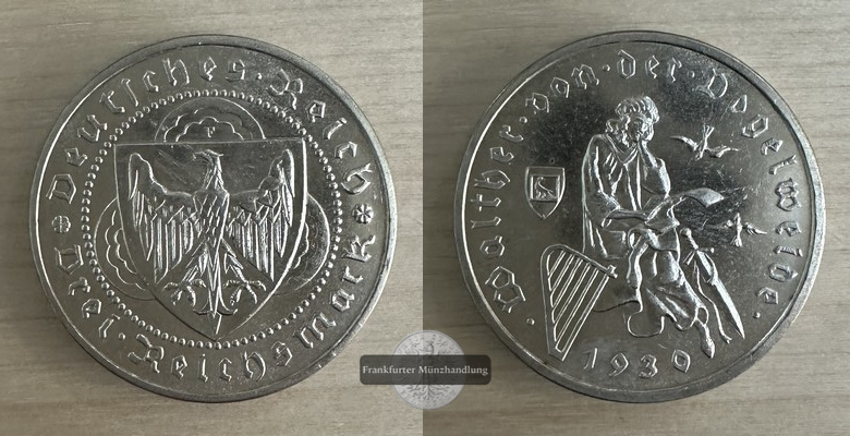  Deutschland, Weimarer Republik. 3 Reichsmark 1930 F, Vogelweide.  FM-Frankfurt Feinsilber: 7,5g   