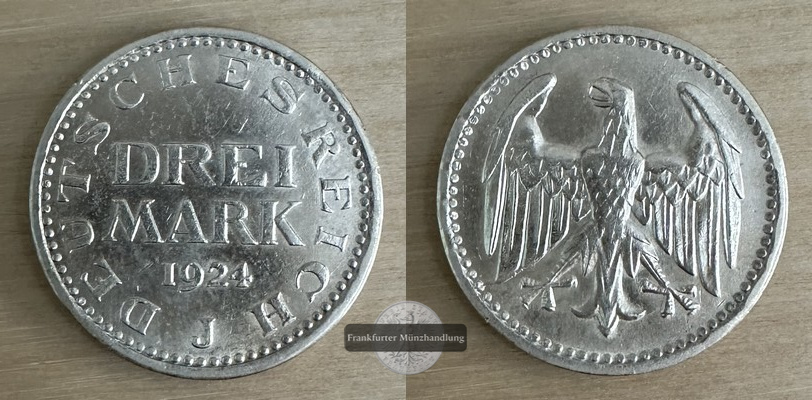  Weimarer Republik.   3 Mark 1924 J, Kursmünze    FM-Frankfurt    Feinsilber: 7,5g   